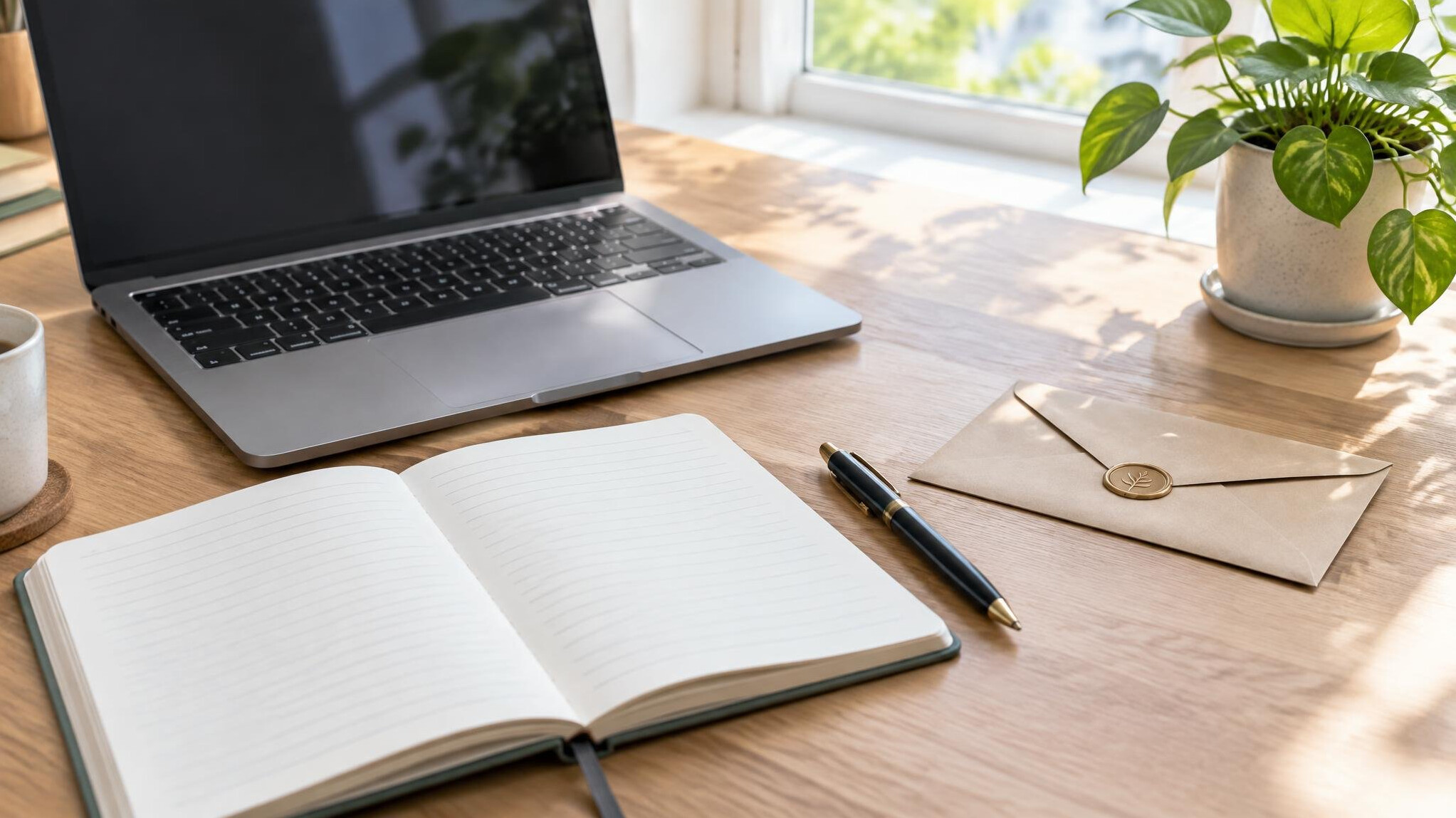 Writing desk with a laptop, notebook and envelope ready for correspondence