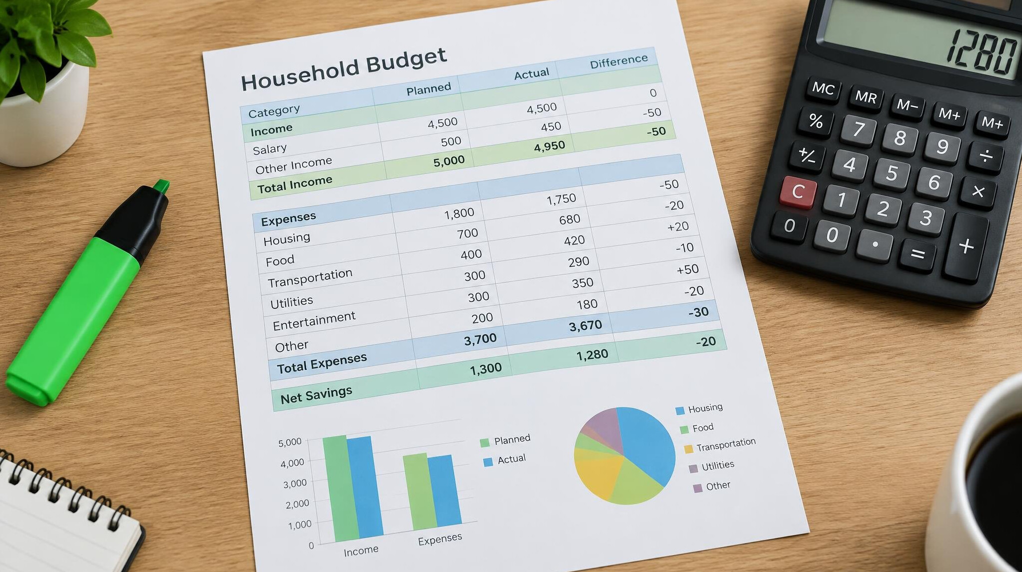 Printed budget spreadsheet with a highlighter and calculator