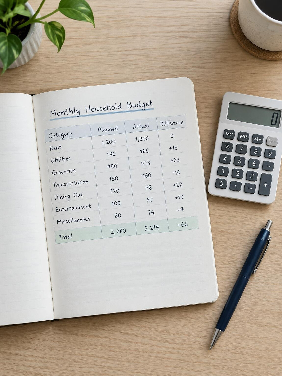 Notebook with handwritten monthly budget next to a calculator and pen on a wooden desk