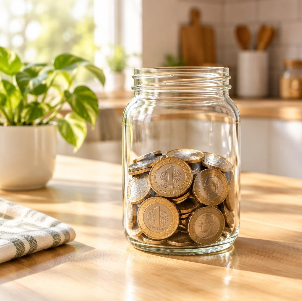 Glass jar filled with coins on a kitchen table
