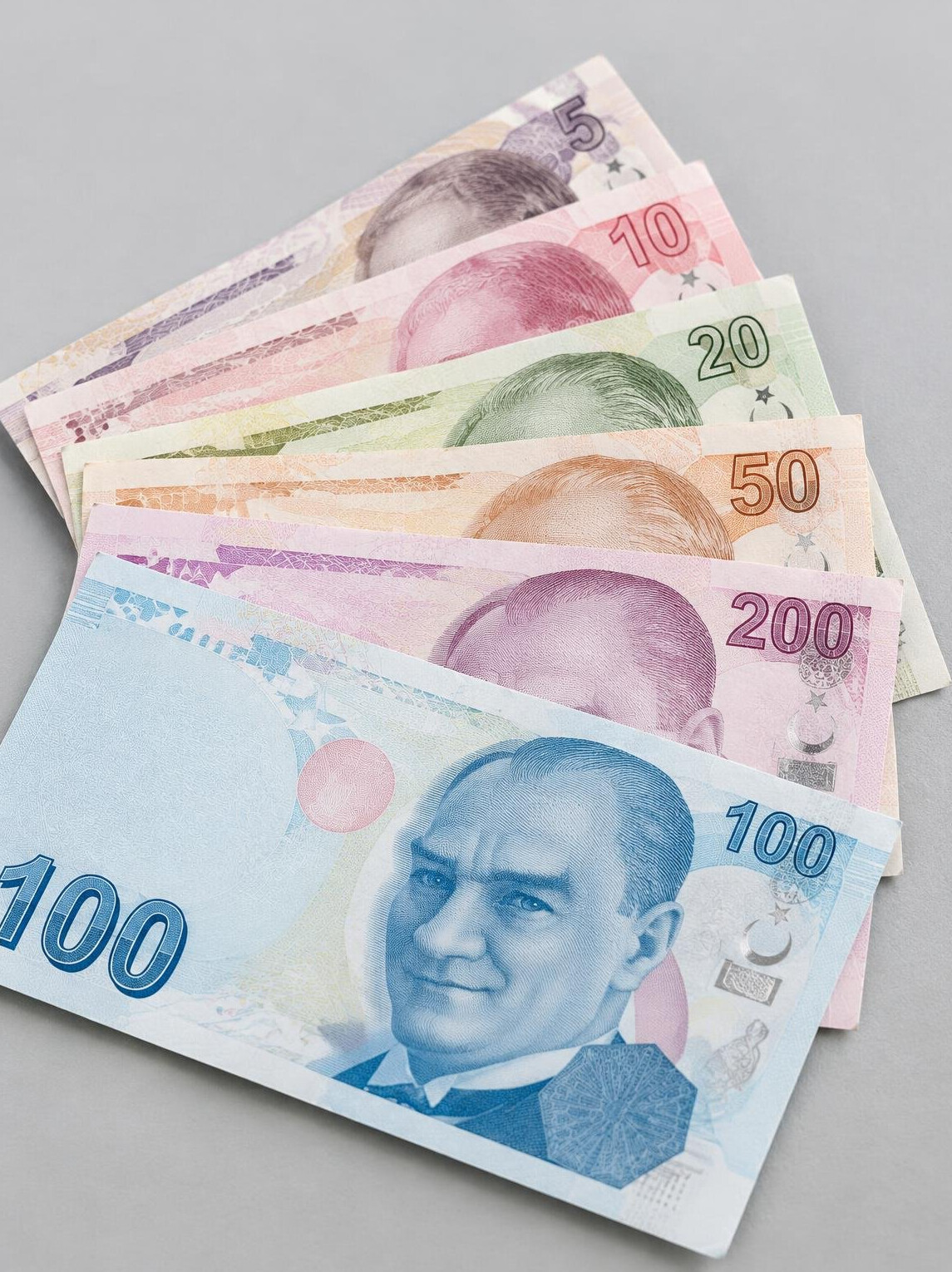 Close-up of Turkish lira banknotes fanned out