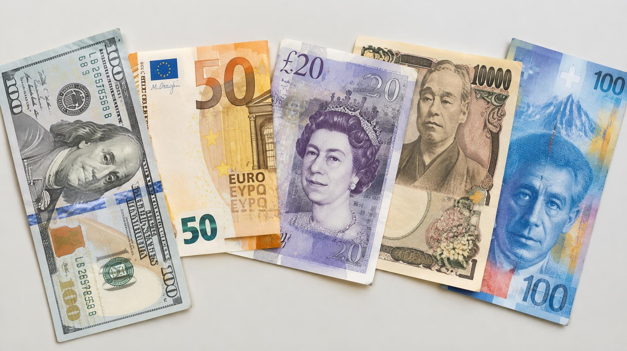 Banknotes of different currencies lying side by side