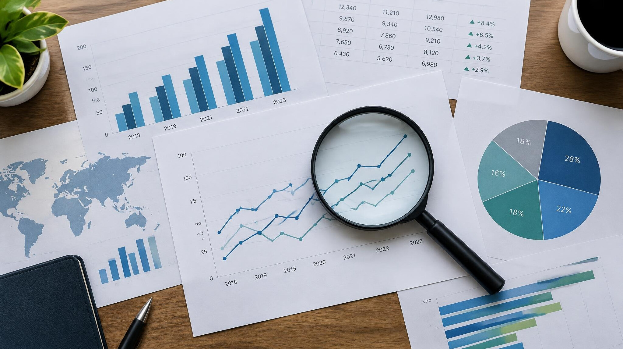 Printed charts and documents spread on a table during fact checking