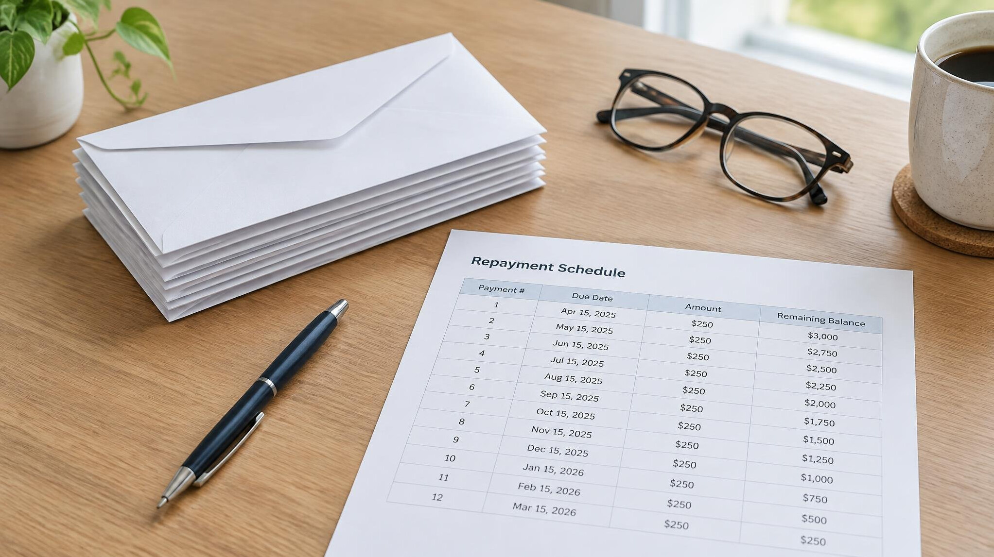 Stack of envelopes and a repayment schedule on a desk with a pen