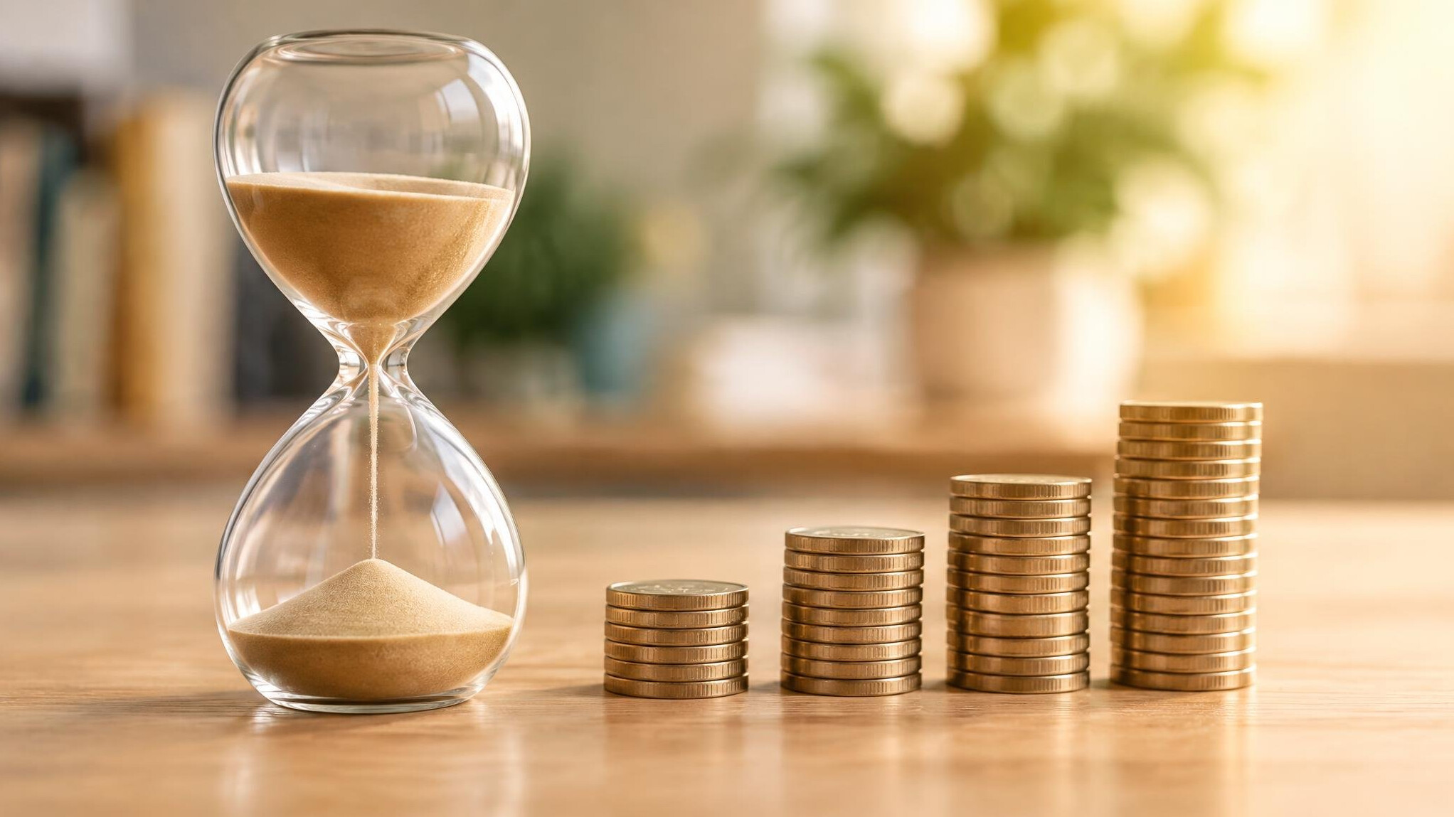 Hourglass next to stacks of coins symbolizing long-term saving