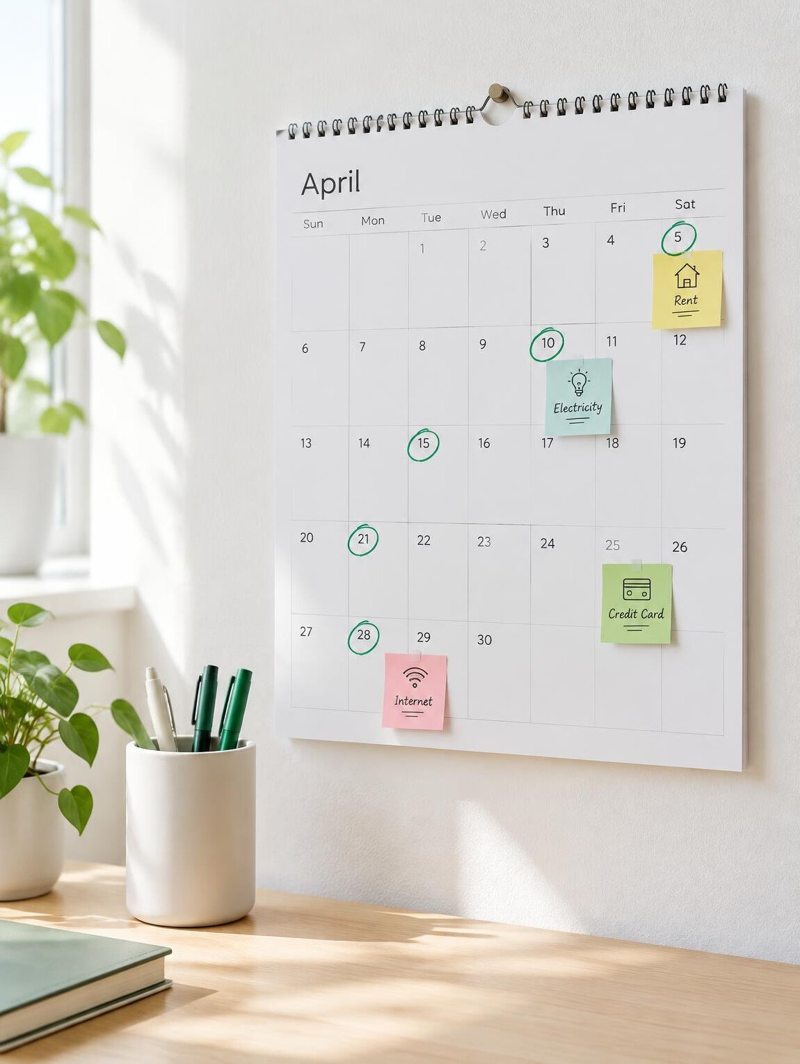 Wall calendar with marked dates and sticky notes for monthly expense planning