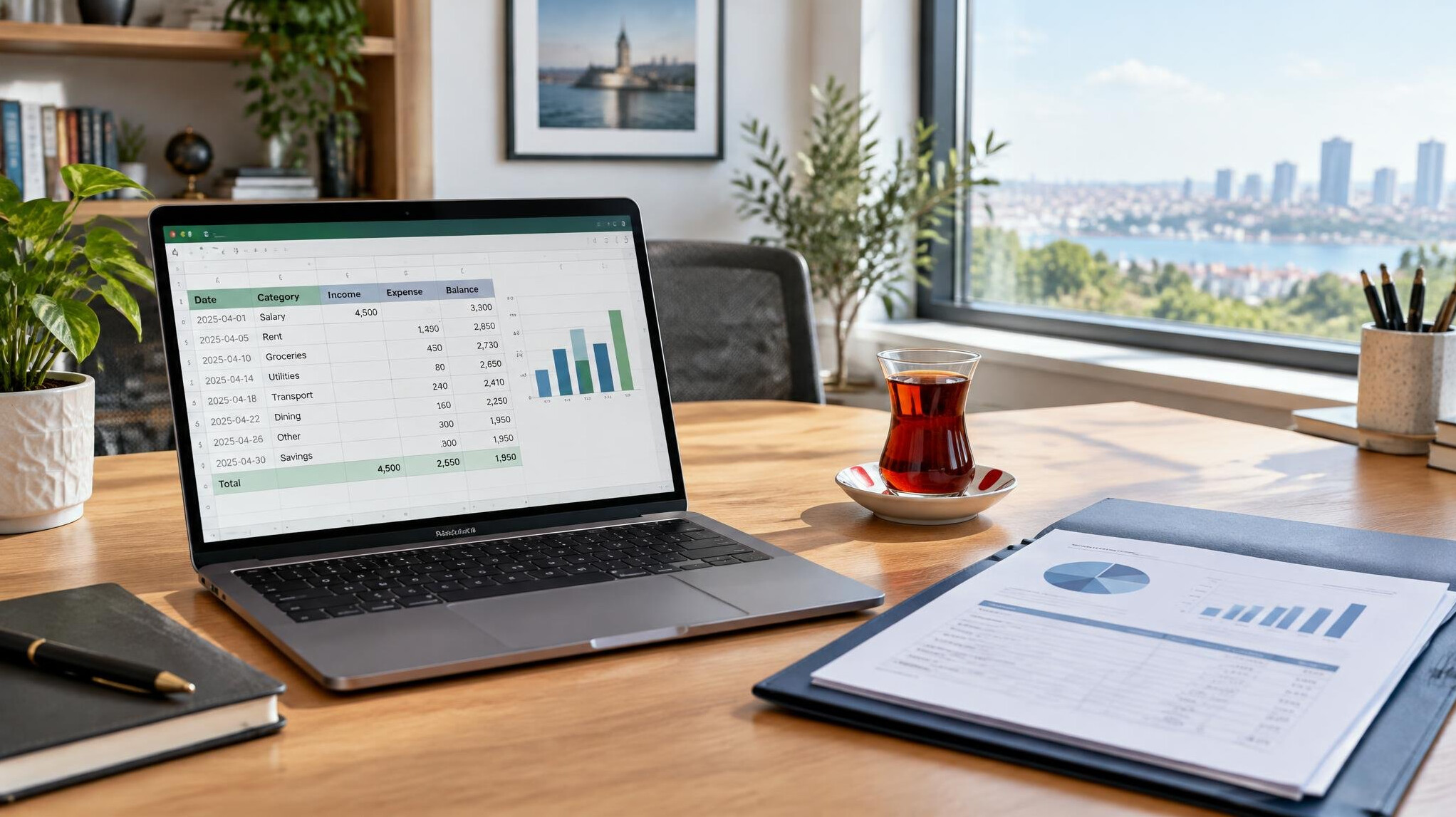Home office desk with laptop, coffee and financial documents