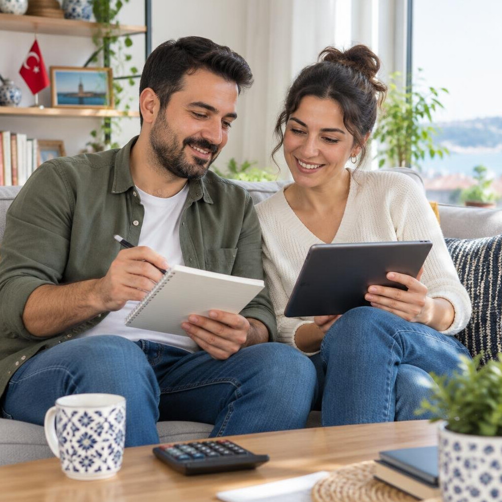 Turkish couple reviewing their household budget together on a sofa at home