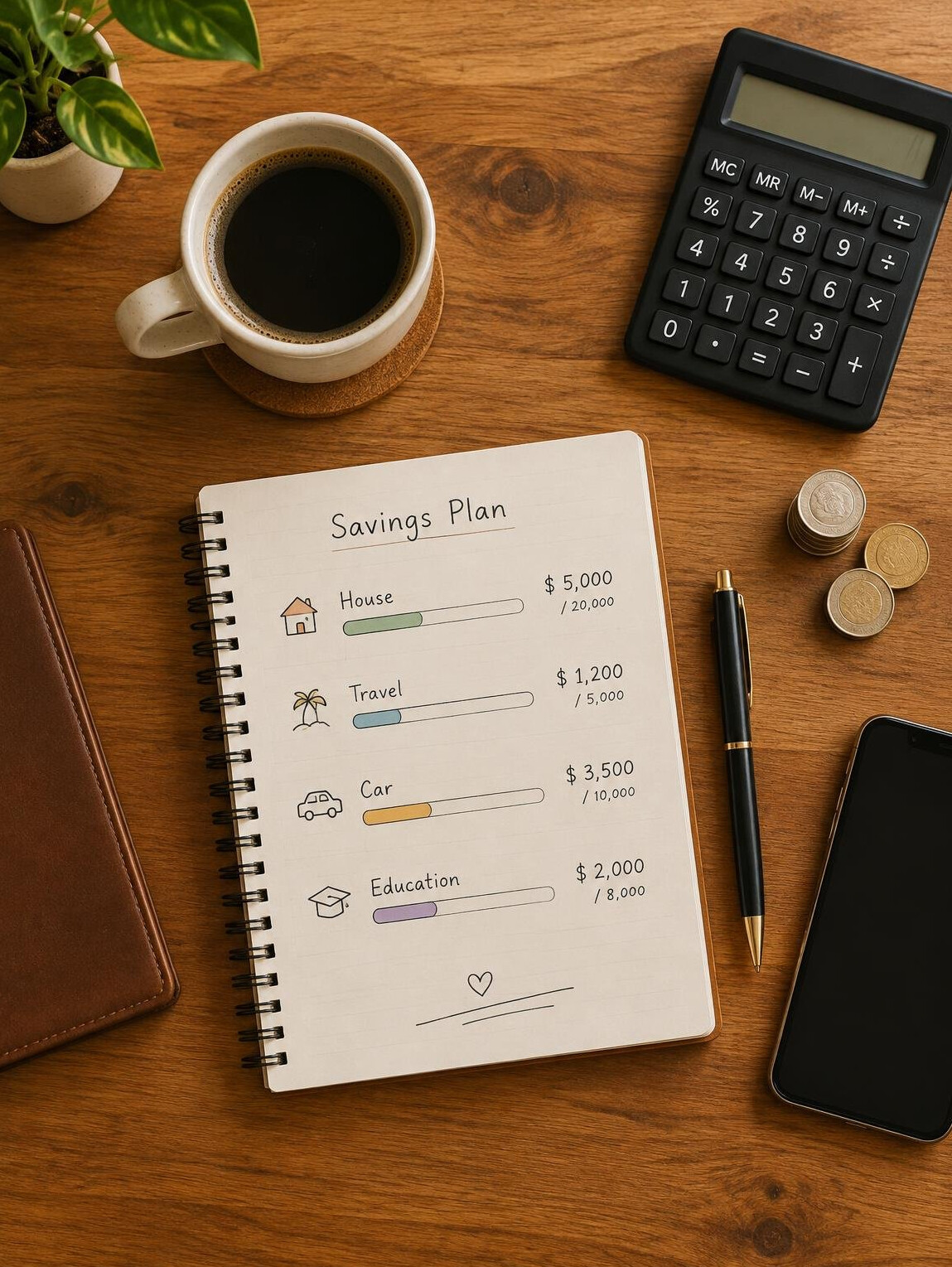 Overhead view of a table with a notebook, coffee cup and calculator planning savings