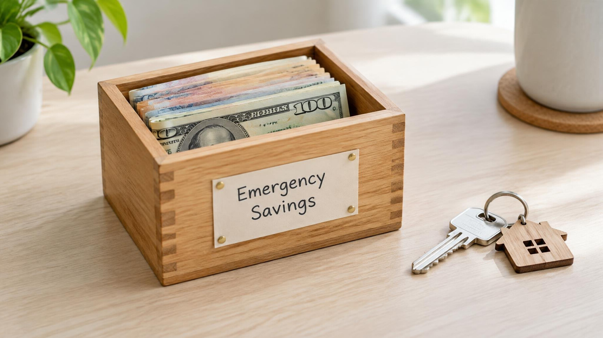 Small emergency fund box with cash and a house key on a table