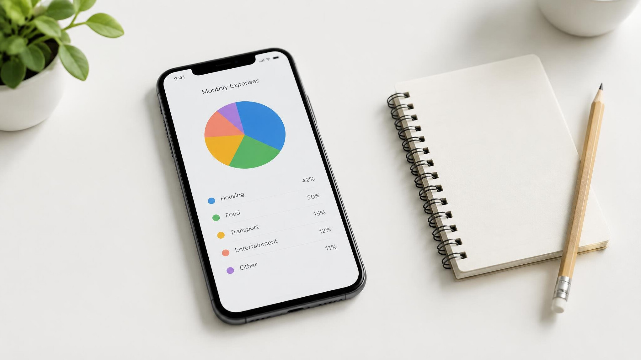 Smartphone with a simple expense tracking screen on a white desk next to a notebook